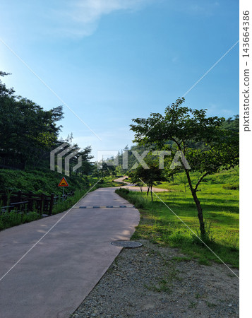 It is an outdoor park with a curved road. 143664386