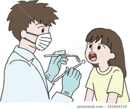 Full-color illustration of a girl getting her mouth examined at the dentist. Hand-drawn style stylized illustration (pediatric dentistry, dental checkup, insects) Full-color illustration of a girl getting her mouth examined at the dentist. Hand-drawn style stylized illustration (pediatric dentistry, dental checkup, insects) 143664510