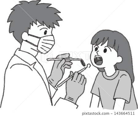 A black and white, hand-drawn style illustration of a girl getting her mouth examined at the dentist (pediatric dentistry, dental checkup, cavity prevention). A black and white, hand-drawn style illustration of a girl getting her mouth examined at the dentist (pediatric dentistry, dental checkup, cavity prevention). 143664511
