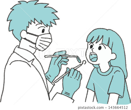A two-color illustration of a girl getting her mouth examined at the dentist. Hand-drawn style, stylized. (Pediatric dentistry, dental checkup, cavity prevention) A two-color illustration of a girl getting her mouth examined at the dentist. Hand-drawn style, stylized. (Pediatric dentistry, dental checkup, cavity prevention) 143664512