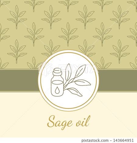 sage oil bottle with drop of oil and plant leaves in circular frame on beige and green background 143664951