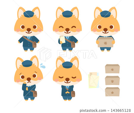 一組身穿制服的狐狸郵差插圖。 一組身穿制服的狐狸郵差插圖。 143665128