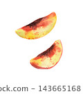 Two juicy peach wedges without pits, painted in realistic watercolor with warm orange and pink tones, for food illustrations, recipes and summer design projects 143665168