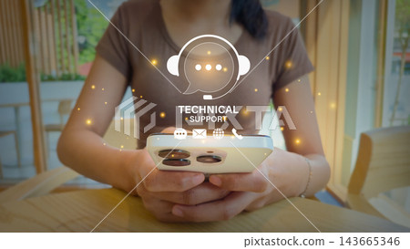 Technical support conceptual stock photo with digital overlay of headset icon and communication methods 143665346