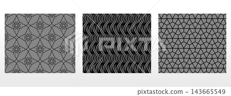 Geometric set of seamless black and gray patterns. Simple vector graphics Geometric set of seamless black and gray patterns. Simple vector graphics 143665549