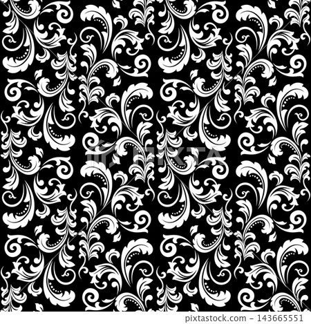 Flower pattern. Seamless white and black ornament. Graphic vector background. Flower pattern. Seamless white and black ornament. Graphic vector background. 143665551