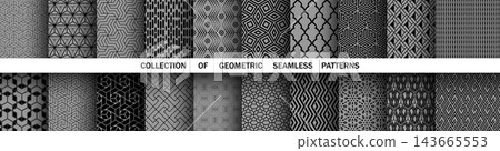 Geometric set of seamless black and gray patterns. Simple vector graphics Geometric set of seamless black and gray patterns. Simple vector graphics 143665553