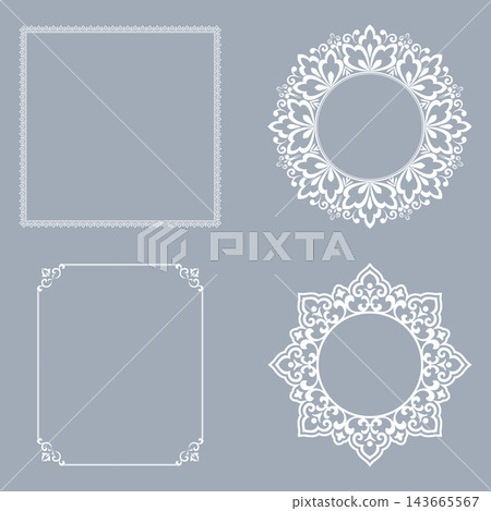 Set of decorative frames Elegant vector element for design in Eastern style, place for text. Floral gray and white frames. Lace illustration for invitations and greeting cards Set of decorative frames Elegant vector element for design in Eastern style, place for text. Floral gray and white frames. Lace illustration for invitations and greeting cards 143665567