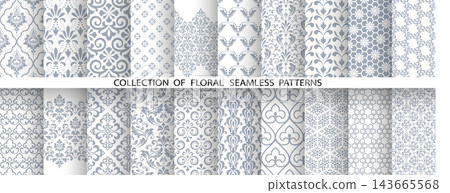 Geometric floral set of seamless patterns. White and gray vector backgrounds. Damask graphic ornaments 143665568