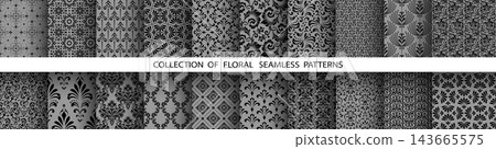Geometric floral set of seamless patterns. Gray and black vector backgrounds. Damask graphic ornaments Geometric floral set of seamless patterns. Gray and black vector backgrounds. Damask graphic ornaments 143665575