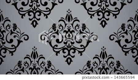 Floral pattern. Seamless vector background. Vintage wallpaper in the Baroque style. Gray and black ornament for fabric, wallpaper, packaging. Ornate Damask flower illustration Floral pattern. Seamless vector background. Vintage wallpaper in the Baroque style. Gray and black ornament for fabric, wallpaper, packaging. Ornate Damask flower illustration 143665594