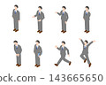 A set of illustrations depicting male businessmen in suits in various poses. 143665650