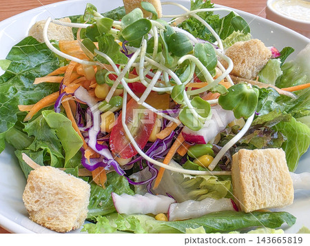 Fresh garden salad served in a white bowl features mixed greens topped with sunflower sprouts, croutons, shredded carrots, red cabbage, and cherry tomatoes for a healthy vegetarian meal. Fresh garden salad served in a white bowl features mixed greens topped with sunflower sprouts, croutons, shredded carrots, red cabbage, and cherry tomatoes for a healthy vegetarian meal. 143665819
