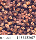 Roasted coffee bean seamless pattern on dark background with watercolor texture and glossy highlights, close-up view showing varied brown tones and central grooves of beans 143665967