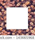 Roasted coffee bean frame on dark background with watercolor texture and glossy highlights, close-up view showing varied brown tones and central grooves of beans 143665968