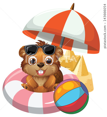 Cute Cartoon Beaver Relaxing with Beach Accessories and Sandcastle Cute Cartoon Beaver Relaxing with Beach Accessories and Sandcastle 143666054