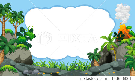 Prehistoric Landscape Background with Volcano, Cave, and Copy Space Prehistoric Landscape Background with Volcano, Cave, and Copy Space 143666061