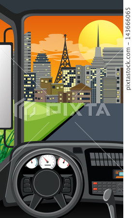 Vector Illustration of a Car Cockpit Driving Toward a City at Sunset Vector Illustration of a Car Cockpit Driving Toward a City at Sunset 143666065