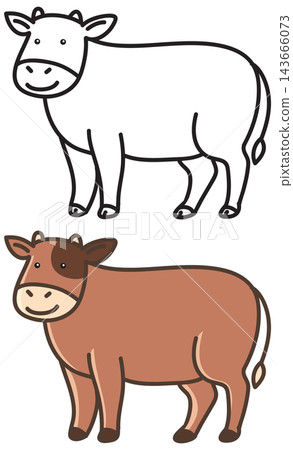 Cute Cartoon Cow Vector Illustration with Outline and Colored Version Cute Cartoon Cow Vector Illustration with Outline and Colored Version 143666073
