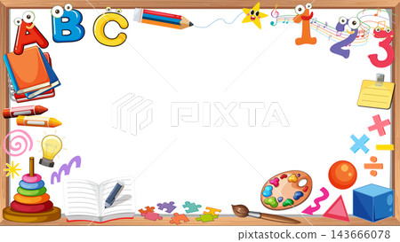 Colorful Kindergarten Whiteboard Frame with School Supplies and Alphabet Vector Illustration 143666078