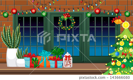 Cozy Christmas Interior with Gifts and Starry Night Window View 143666080