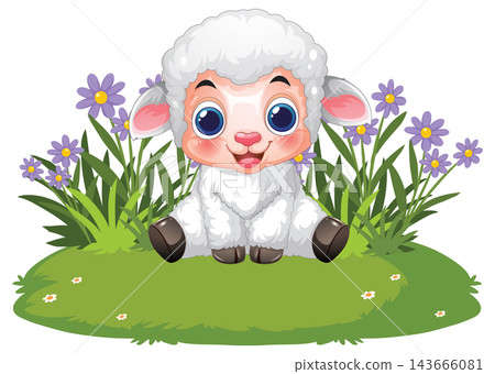 Cute Cartoon Lamb Sitting in a Grassy Flower Meadow Cute Cartoon Lamb Sitting in a Grassy Flower Meadow 143666081
