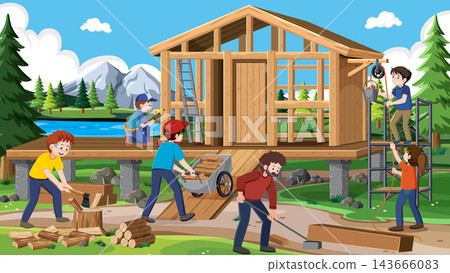 People Building Wooden Cabin with Simple Machines in Forest Illustration People Building Wooden Cabin with Simple Machines in Forest Illustration 143666083