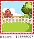 Cartoon Farm Landscape with Red Barn and White Picket Fence 143666097