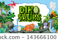 Cartoon Dinosaurs in Prehistoric Jungle Landscape with Volcano 143666100