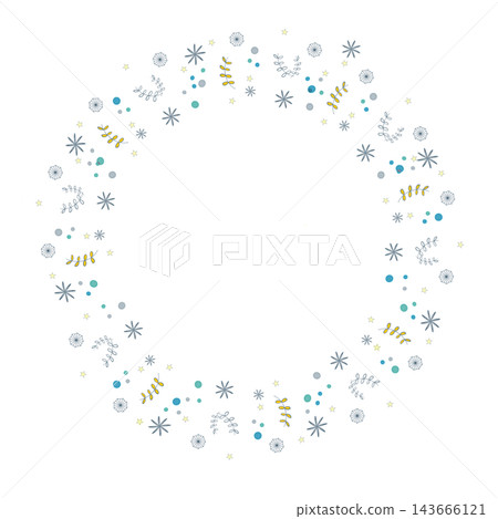 A cute doodle wreath frame featuring snowflakes, stars, botanicals, and dots. A cute doodle wreath frame featuring snowflakes, stars, botanicals, and dots. 143666121