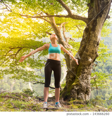 Athletic young woman standing with arms open wide and looking up towards the sky under a majestic green tree in a scenic mountain forest environment Athletic young woman standing with arms open wide and looking up towards the sky under a majestic green tree in a scenic mountain forest environment 143666260