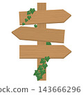An illustration of a wooden signpost with ivy leaves intertwined around three arrow plates. 143666296