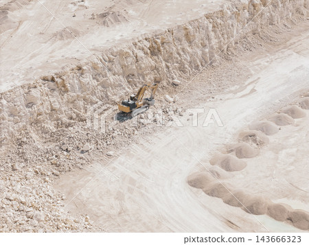 Aerial View of Excavator Working in Limestone Quarry with Rock Debris and Aggregate Piles Aerial View of Excavator Working in Limestone Quarry with Rock Debris and Aggregate Piles 143666323