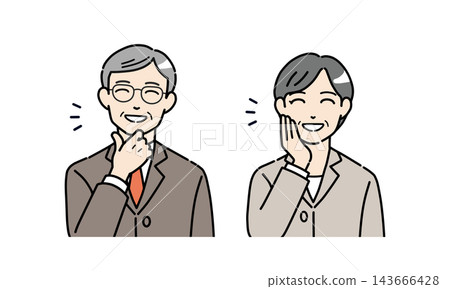 An illustration of a senior man and woman in suits, looking relieved with their hands on their chins. An illustration of a senior man and woman in suits, looking relieved with their hands on their chins. 143666428