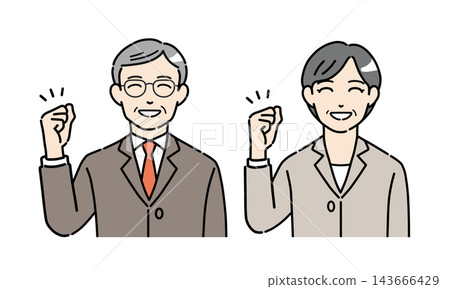 An illustration of a senior man and woman in suits smiling and making a victory pose. An illustration of a senior man and woman in suits smiling and making a victory pose. 143666429