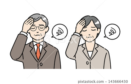 An illustration of a senior man and woman in suits holding their heads with one hand. 143666430