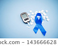 Diabetes concept with blood glucose meter, sugar cubes, blue awareness ribbon and medical gloves on blue background 143666628