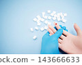 Diabetes concept with blood glucose meter, sugar cubes, blue awareness ribbon and medical gloves on blue background 143666633