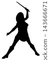 Silhouette of woman warrior holding short sword 143666671