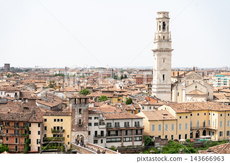 Verona Panoramic City View of Cathedral Bell Tower and Old Town Buildings in Italy. Houses top view Verona Panoramic City View of Cathedral Bell Tower and Old Town Buildings in Italy. Houses top view 143666963