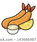 An icon of fried shrimp with tartar sauce and lemon. 143666987