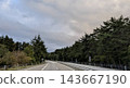 A road with gentle curves surrounded by forests and a cloudy sky. 143667190