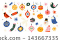 Christmas set with bauble ornaments, birds, snowman on white background 143667335