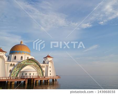 [World Heritage Site: Malacca] The beautiful Malacca Straits Mosque (Floating Mosque) standing on the sea. 143668038