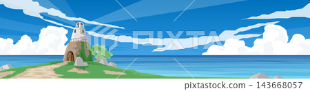 Coastal landscape backdrop featuring a historic stone tower of light house. Dirt path on green fields and a blue ocean under white and blue sky. For nature banner background. 143668057