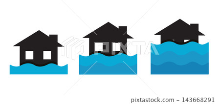 Flooded House Icons Set, Rising Water Level and Home Flood Disaster vector illustration Flooded House Icons Set, Rising Water Level and Home Flood Disaster vector illustration 143668291