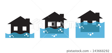 Flooded House Icons Set, Rising Water Level and Home Flood Disaster vector illustration Flooded House Icons Set, Rising Water Level and Home Flood Disaster vector illustration 143668292