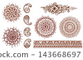 Paisley and Mehndi pattern vector set, abstract hand drawn shapes graphic collection. Motifs brown ornate, design. Line art illustration for textile, packaging, Indian wedding decoration 143668697