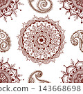 Paisley and Mehndi tattoo seamless pattern, abstract background. Motifs brown repeat graphic ornate design. Line art vector hand drawn decorative illustration for textile, cards, packaging 143668698