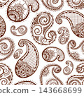 Paisley graphic seamless pattern background design. Mehndi Henna tattoo. Motifs brown repeat ornate. Line art vector hand drawn decorative illustration for textile, cards, packaging, Indian concept 143668699